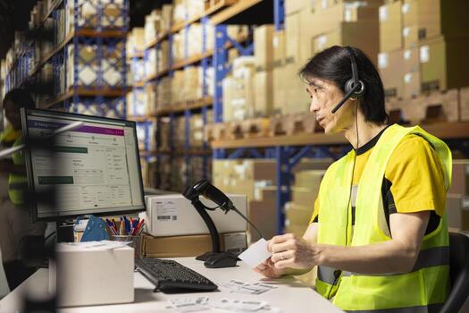 Call center employee assisting customers in a fulfillment center, handling inventory control and package tracking. Asian man resolving issues related to delivery delays or wrong addresses. photo