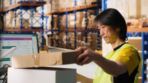Worker verifying cardboard boxes and awb tags for parcel tracking, handling order processing before distribution. Man in hi vis vest working in e-commerce warehouse with industrial racks. Camera B. photo