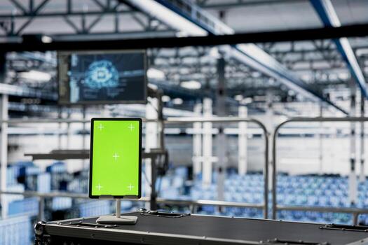 Green screen tablet in server farm with neural networks tech detecting data patterns. Chroma key notebook in data center with hardware built for artificial intelligence prediction models photo