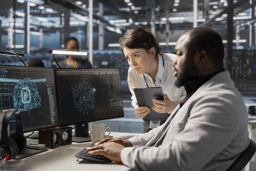 Manager supervising programmer in data center using AI powered tech to run simulations. Supervisor overseeing work done by IT expert coding cognitive computing algorithms to automate rigs photo