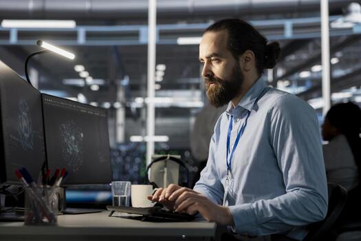 Software developer in data center using AI powered tech to run simulations. IT specialist coding cognitive computing algorithms to extract insights from data and automate infrastructure photo