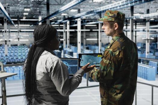 Army soldiers in data center visualizing ballistic missiles flight patterns with artificial intelligence. Military units in server room enhancing situational awareness through AI detection systems photo