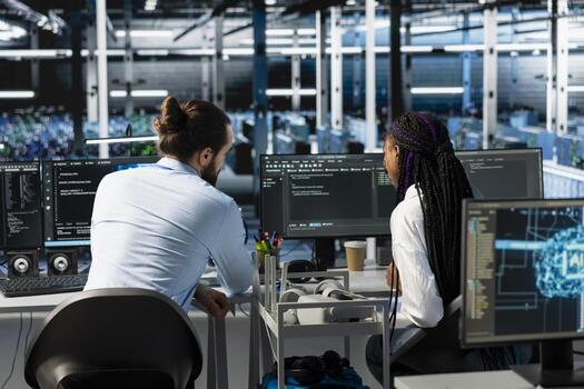 Manager and intern in server room using PC to review infrastructure diagnostics. IT specialist and trainee in data center analyzing performance data to maintain system uptime photo