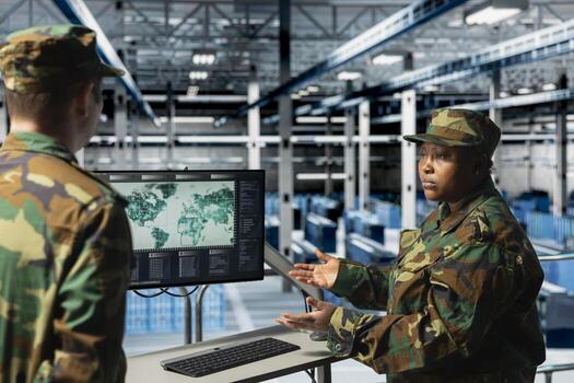Team of military experts in data center looking at world map, coordinating mission zones. Army units in server farm looking at global map, commanding remote battlefield operations photo