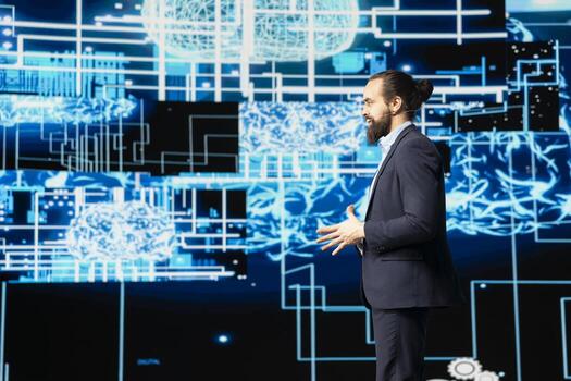 Technician expert making AI brain neural networks business pitch at the tech convention, hosting a live conference to discuss about deep learning benefits. Innovation in business technology. photo