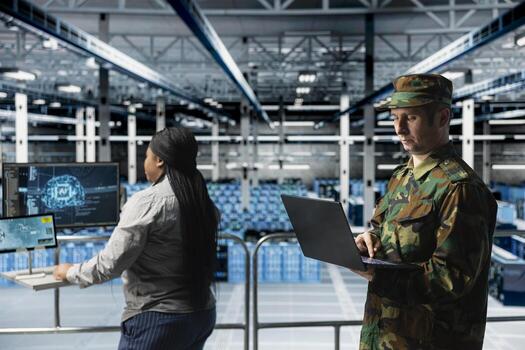 Team of army tech experts in data center conducting threat simulations using AI neural networks. Teamworking server farm colleagues using artificial intelligence supporting military operations photo