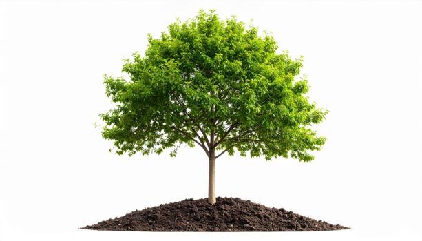 Lush Green Tree with Full Canopy Rooted in Rich Soil Against White Background. photo