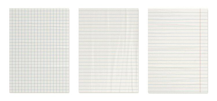 White notebook realistic sheets set. Old school paper with crumpled effect mockup. Line and checkered notepad page design for poster or flyer. Abstract rough journal piece with grid pattern vector