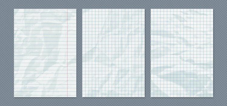 Crumpled notebook paper sheets set. realistic illustration of blank white checkered and lined pieces with crumpled wrinkled texture, memory notes, message notepaper. Halftone effect vector