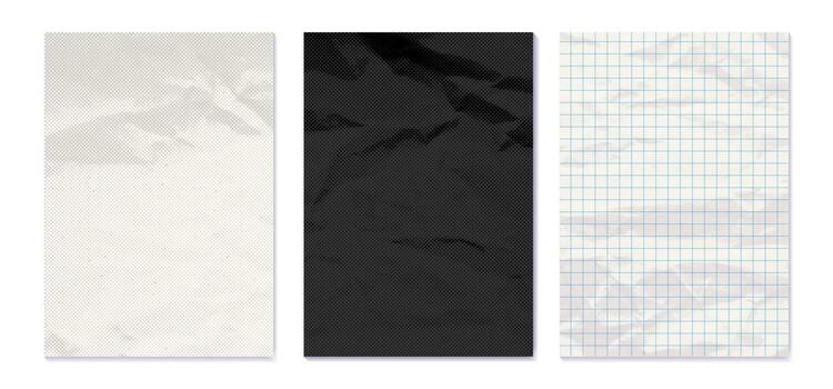 Paper sheets set with wrinkles. Realistic illustration collection of empty white, black and checkered pages with crumpled effect. Design mockup of blank sheet with crease. Halftone texture vector