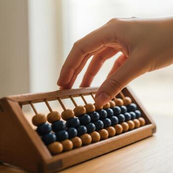 Softly lit hand precisely moving beads on a vintage wooden abacus, representing traditional mathematics and learning. photo