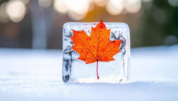 Vibrant Orange Maple Leaf Perfectly Preserved Inside a Clear Ice Cube on Fresh Snow. photo