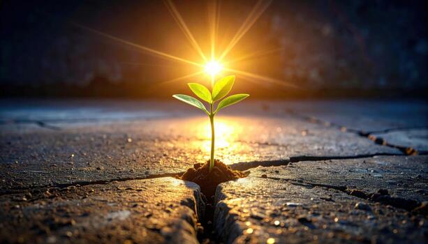 Resilient Sprout Emerging from Cracked Earth, Illuminated by Celestial Sun. photo
