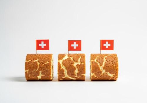 Three swiss cheese rolls with flags on white background photo