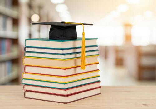 Graduation cap on stack of books in library photo