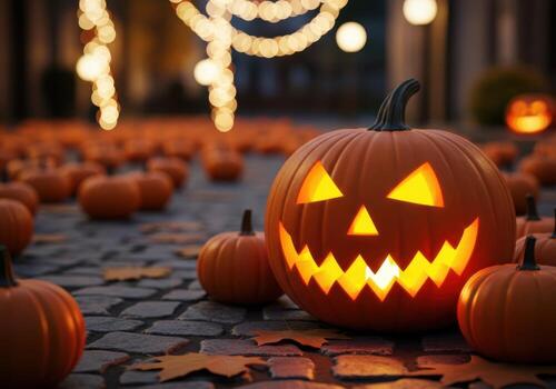 Spooky jack o lanterns glow on cobblestone path with autumn leaves photo