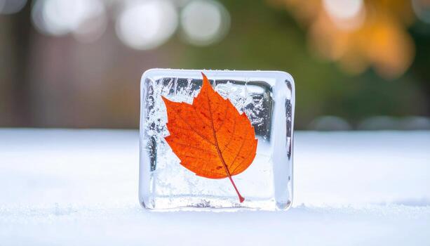 Vibrant Orange Maple Leaf Encased in Crystal Clear Ice Cube on Snowy Ground. photo