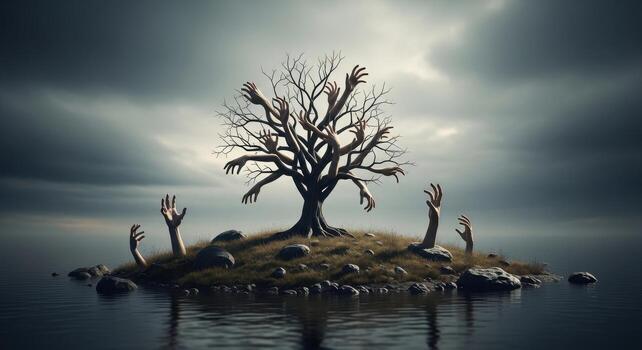 Surreal Tree of Reaching Hands on a Desolate Island Under a Gloomy Sky. photo