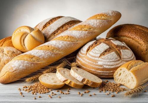 Artisan bread assortment with wheat grains on a rustic table photo
