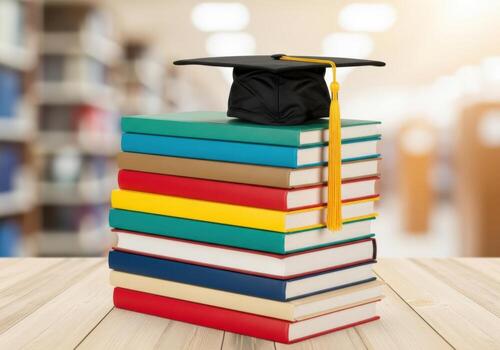 Graduation cap perched atop stack of colorful books in library photo