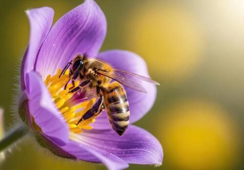 Bee collecting nectar from a vibrant purple flower in soft sunlight photo