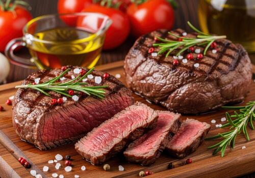 Perfectly grilled filet mignon steaks with rosemary and spices photo