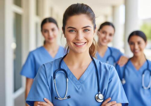 Smiling nurse team in blue scrubs with stethoscopes photo