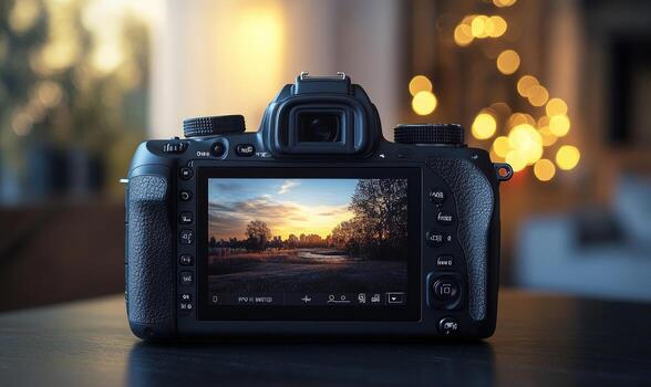 A DSLR camera displaying a landscape image on its rear LCD screen. photo