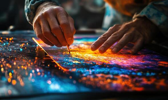 Artists hands working on a colorful abstract painting, using a tool to create texture and depth. photo