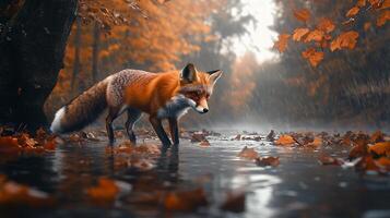 un rojo zorro soportes en un corriente de agua rodeado por otoño hojas durante un ligero lluvia. foto