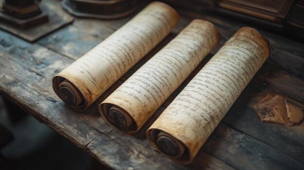 Three rolled up scrolls on a rustic wooden surface, with aged and weathered parchment. photo