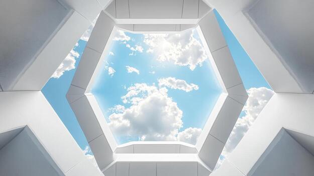 A hexagonal skylight in a modern building, with white walls and a view of a blue sky with clouds. photo