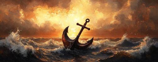 Sunset ocean waves crashing around a large anchor. photo