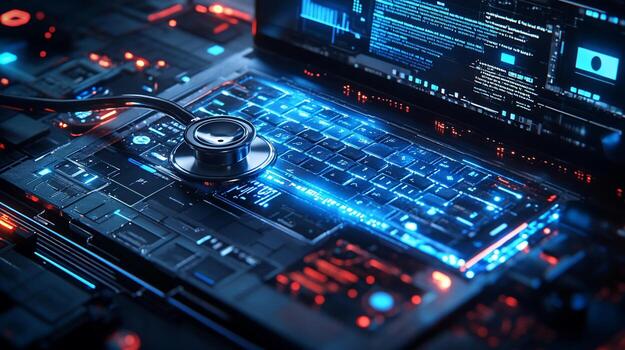 estetoscopio en futurista ordenador portátil con brillante teclado y pantalla mostrando datos. foto