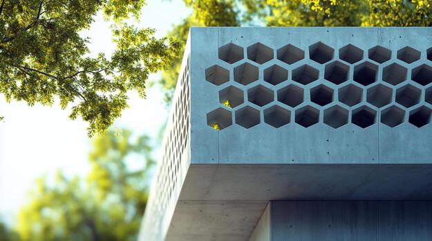 Modern concrete structure with hexagonal cutouts, set against a backdrop of lush green trees. photo