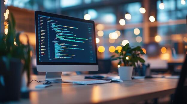 A computer monitor displaying code in a modern office setting. photo