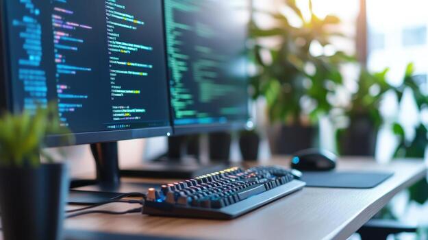 de cerca de un programadores escritorio con dos monitores mostrando código, un teclado, y un ratón. foto