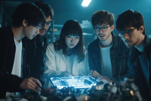 A team of young engineers examines a circuit board with glowing wires, working on a project together in a dark laboratory. photo