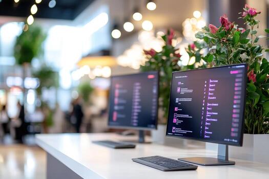Two computer monitors with keyboards on a white table in a modern office setting. photo