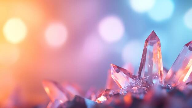 Sparkling crystal points with a colorful bokeh background. photo