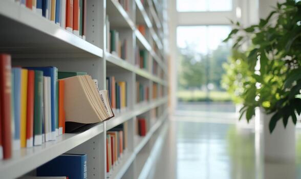 A row of bookshelves in a library with a window in the background. photo