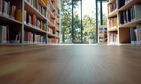 Lowangle view of wooden floor in a library with bookshelves and large windows. photo