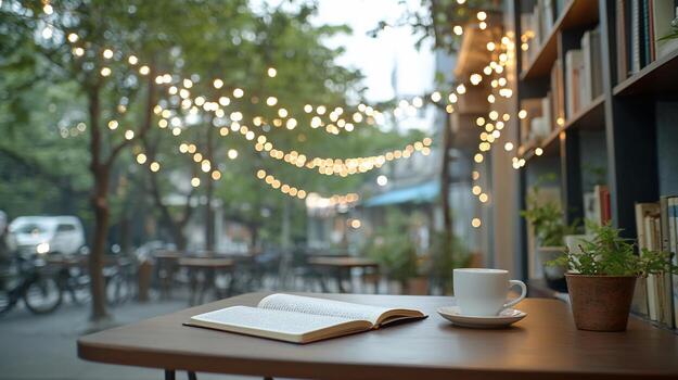 Open book and coffee cup on a table with string lights and greenery in the background. photo
