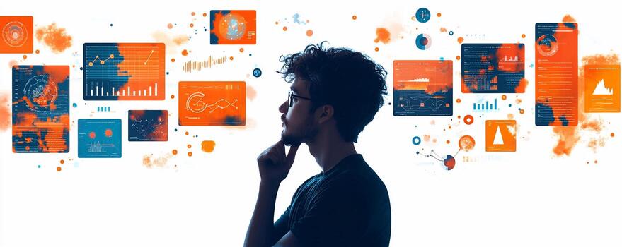 Man thinking about data and insights visualized with charts and graphs. photo