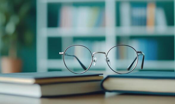 Glasses resting on top of two closed books with a bookshelf blurred in the background. photo