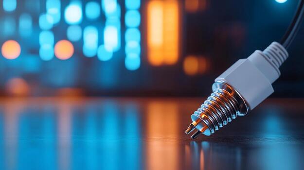 Closeup of a spark plug on a reflective surface with blurred lights in the background. photo