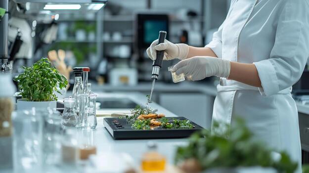 A scientist in a lab coat and gloves uses a dropper to add liquid to a tray of plants for an experiment. photo
