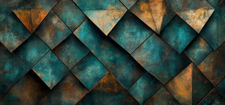 Abstract background with a textured, layered pattern of overlapping squares in shades of teal and brown. photo