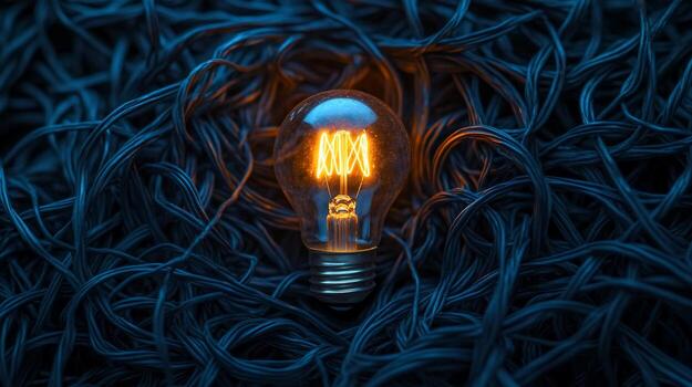 A single lit incandescent light bulb amidst a tangle of wires, symbolizing finding a solution amidst complexity. photo