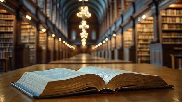 Open book on a wooden table in a library with rows of bookshelves in the background. photo